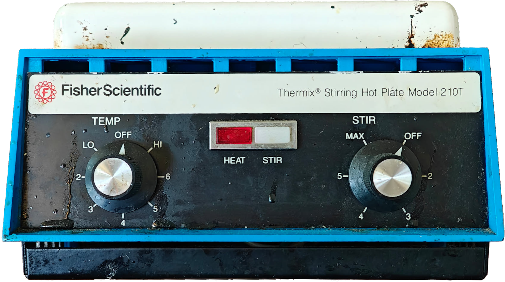 Front of a Fisher Scientific Thermix 210T hotplate stirrer
